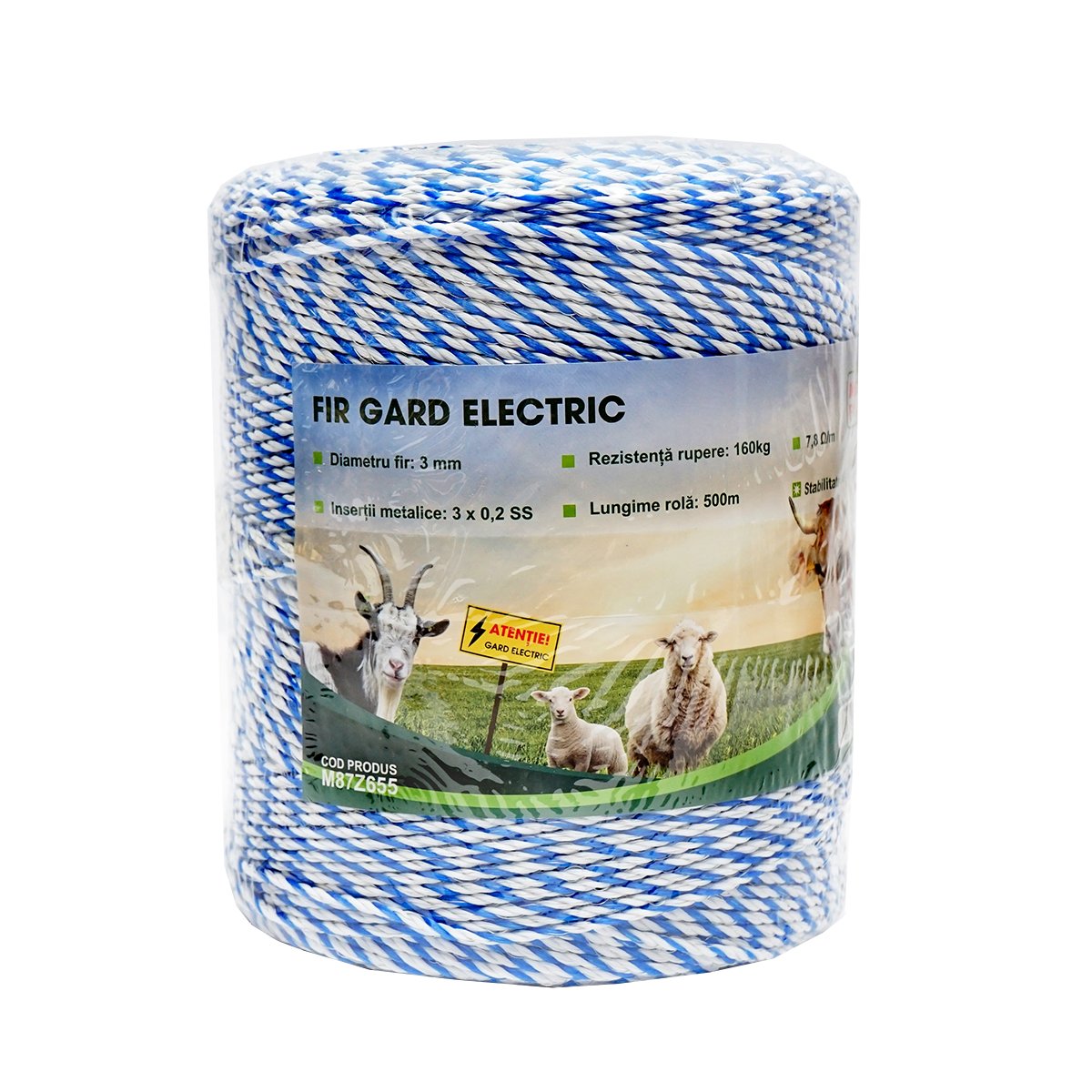 Rola fir alb-albastru 3mm insertie metalica 3x0.2mm SS, rezistenta 7.8 Ohm/m, 500m gard electric Mezofarm